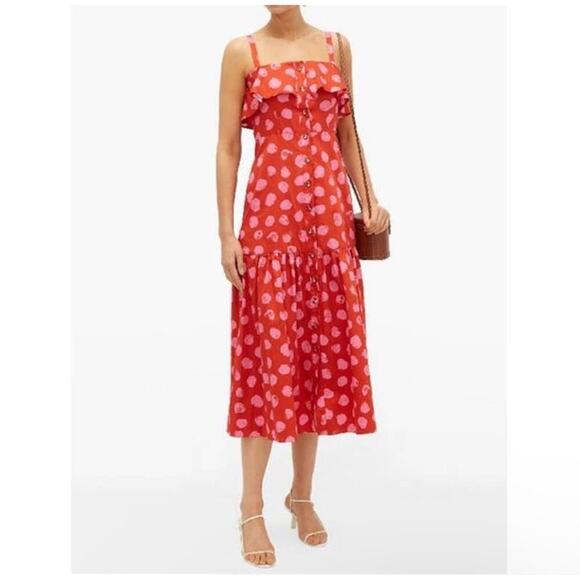 BORGO DE NOR Red Florence Ruffled Polka-dot Cotton Midi Dress small - Picture 1 of 12